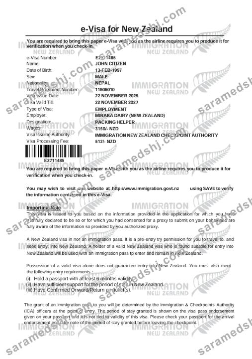 New Zealand e-visa template in Word and PDF formats, version 2